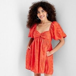 Future Collective Puff Short Sleeve Dress Coral Orange Floral
